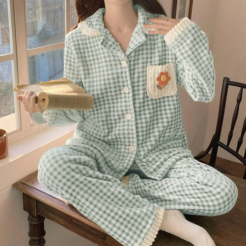 Autumn Winter Women Coral Velvet Sleepwear Thickened Cardigan Sweet Cute Loungewear Suit Flannel Long Sleeve Female Pajamas Set