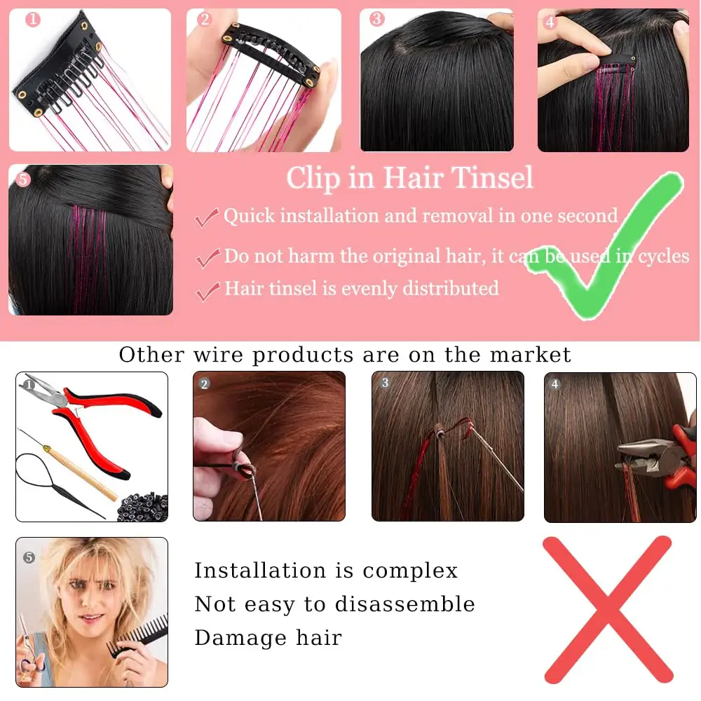 12Pcs Hair Tinsel hair Extensions Hair for Women and Kids - Sparkling Hair Accessorie Easy to Apply
