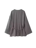 Women's Textured Crossover Kimono Blouses, Side Ties, Long Sleeves, Loose, Female Shirts, Chic Tops, Fashion - Image 2