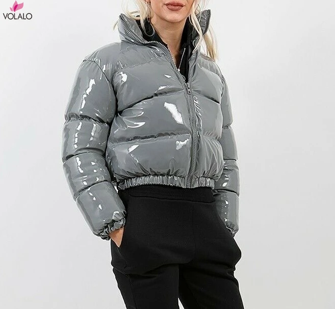 

Autumn Winter Women Bright PU Puffer Jackets Warm Bubble Coat Down Parka Outcoat Zipper Jacket Pink Cute Cropped Parka XXL