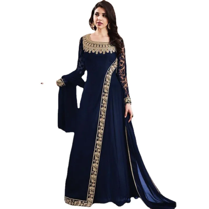 New 2023 Women Retro Lace Stitching Irregular Dress Round Neck Long Sleeve Cloak Chiffon Dress Muslim Abaya Loose