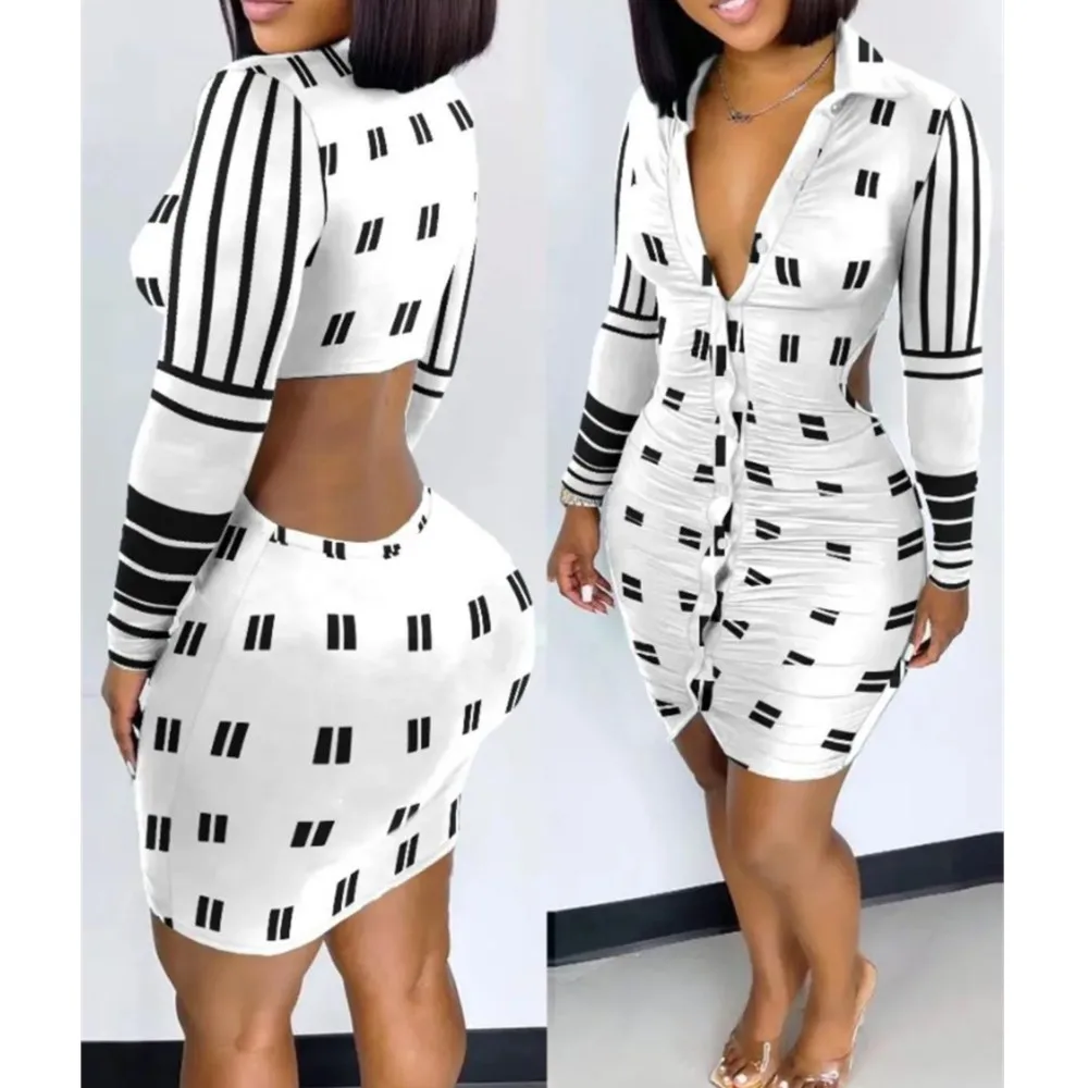 

Autumn Sexy Back Hollow Shirt Dress For Women Fashion Geo Print Long Sleeve Buttons Office Ladies Ruched Bag Hip Mini Dresses