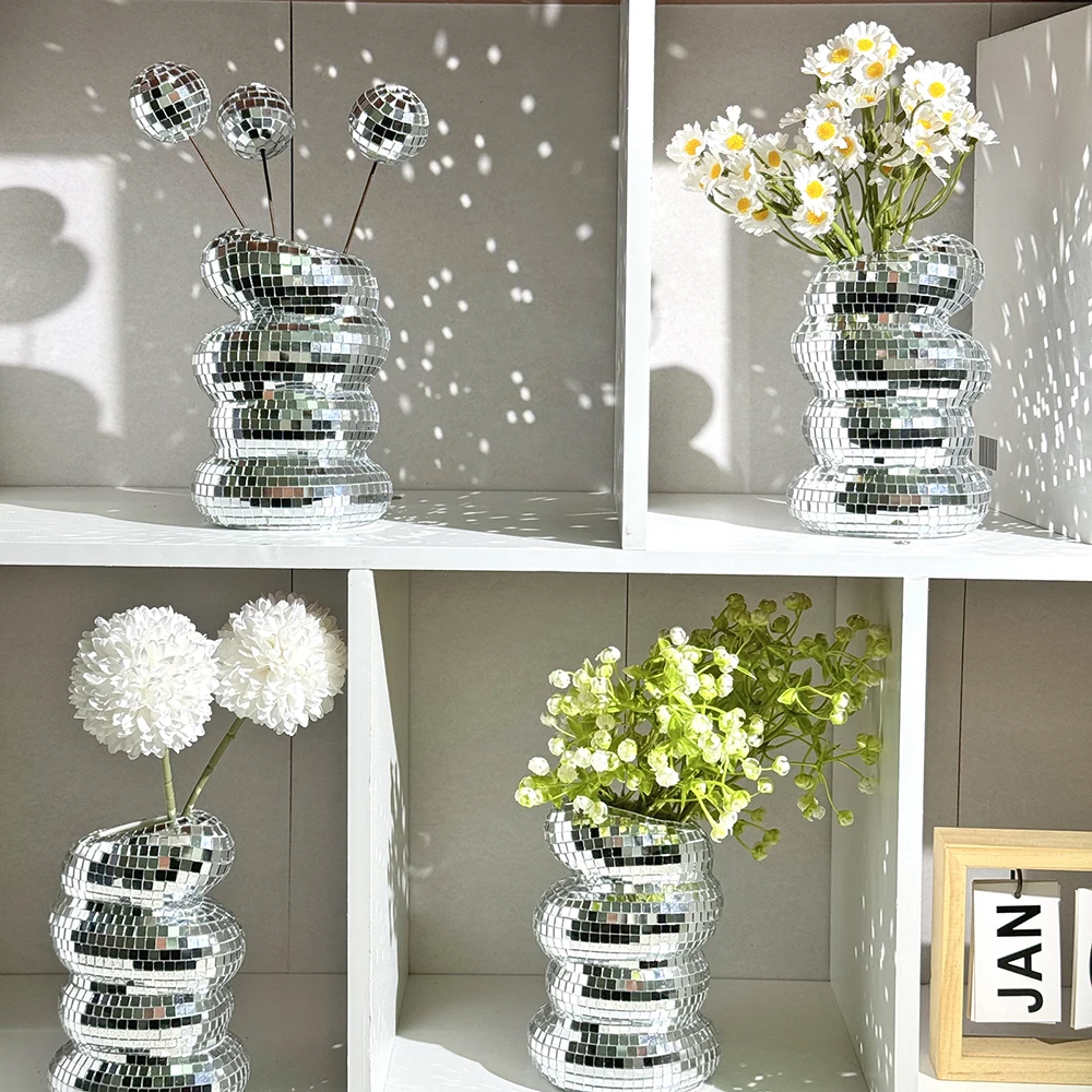 Disco Ball Spiral Vase Unique Glass Tiles Flower Bottle Disco Ball Planter Silver Mirror Vase Home Living Room Office Decor 2