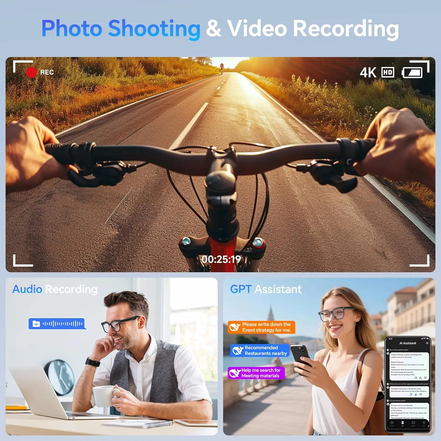 Nuovi Occhiali Smart AI 2026 con Traduzione, Fotocamera HD 8MP, Riprese 4K, Chiamate Bluetooth, Registrazione Immagini, Musica - Occhiali da Sole Intelligenti Uomo Donna - immagine 3