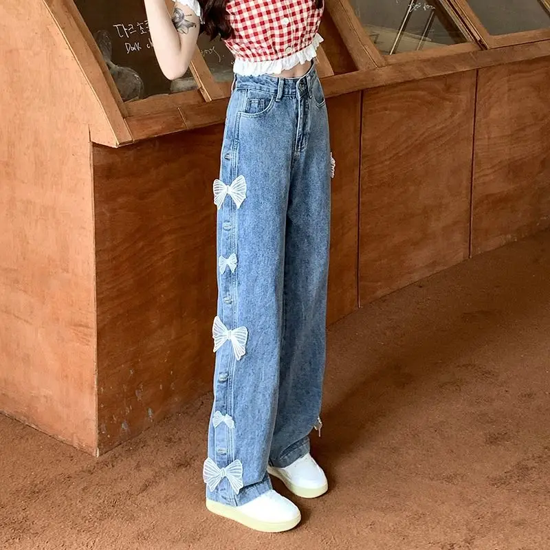 Jeans Bow High Waist Large Size Women Baggy Jeans Wide Leg Trousers Teens Korean Fashion Casual Pants Streetwear Sweet Jeans