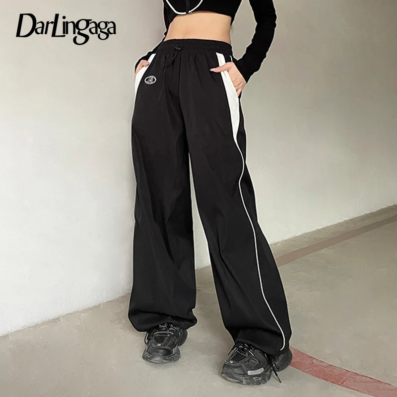 

Darlingaga Streetwear Stripe Spliced Baggy Pants Female Drawstring Sporty Chic Harajuku Tech Trousers Casual Elastic Waist New