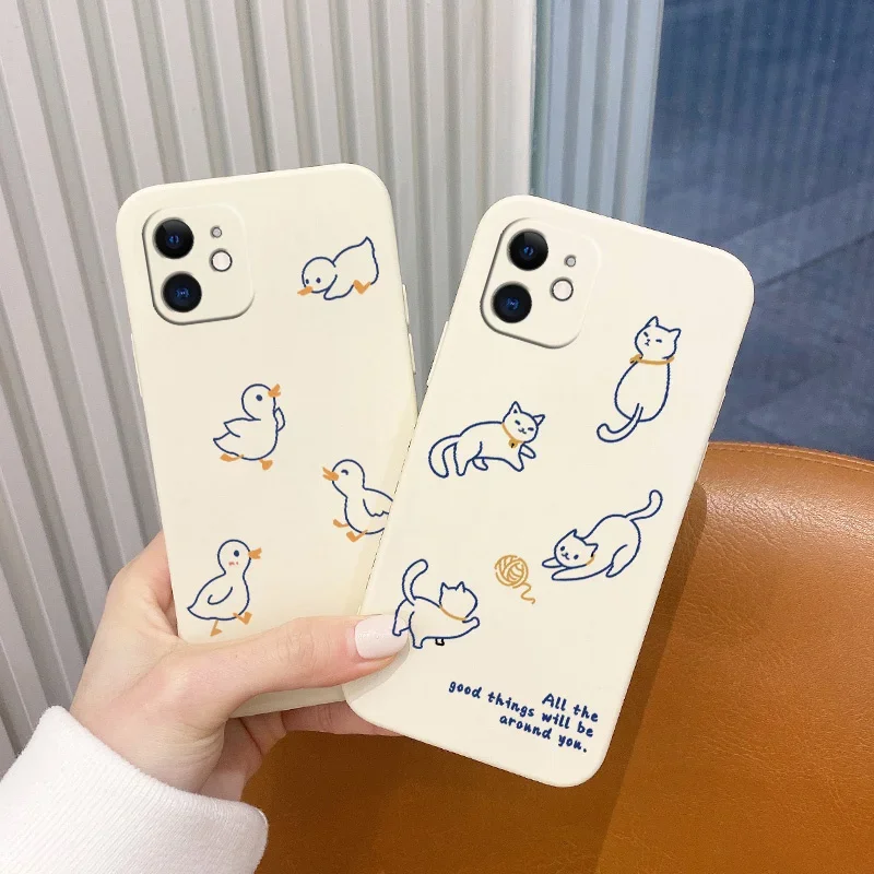 Adorable Cat & Duck Silicone Phone Case - Cute Design Cover