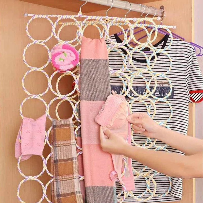 28/12 Holes Scarf Holder Foldable Tie Belt Hanger Hooks Shawl Scarves Rattan Weave Display Rack Wardrobe Space Organizer