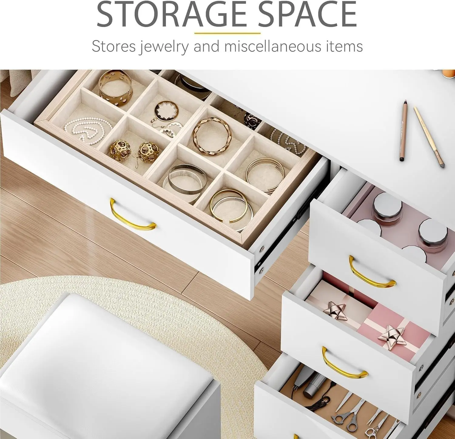 Makeup Vanity with Large Mirror and LED Lights, Vanity Desk Set with Power Outlet & Chair & 3 Lighting Colors, 4 Drawers