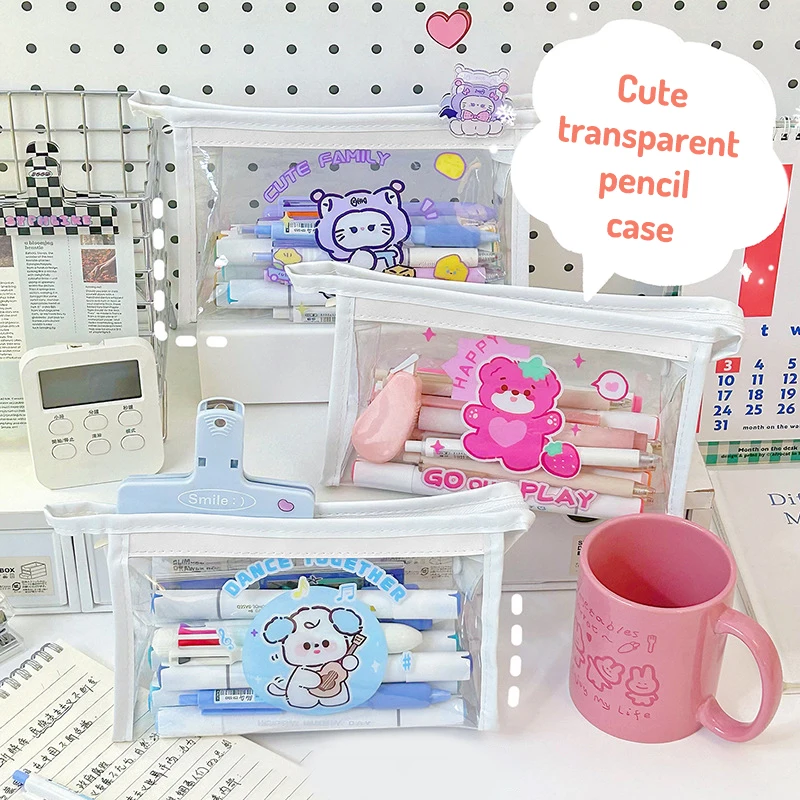 

Cute Cartoon Transparent Large Capacity Pencil Bags Waterproof Portable Pen Case Pencil Storage Bag School Office Supply