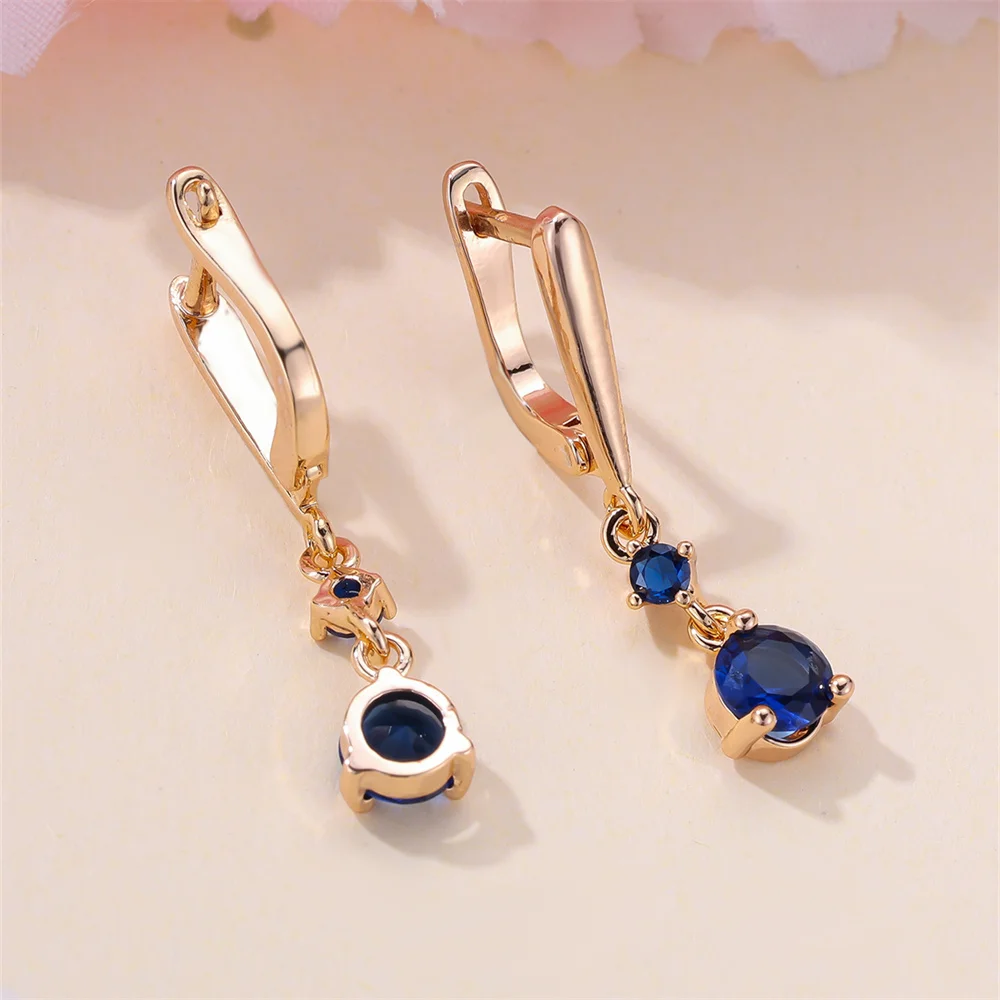 Blue Crystal Small Round Stone Pendant Hoop Earrings For Women Vintage Gold Color Ear Buckle Wedding Jewelry Engagement Gifts