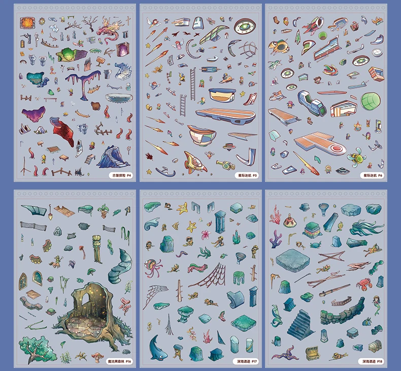 Plus Size 8in1 Kawaii 3D Cartoon Exotic Town Miniature Scene Stickers Book DIY Handmade Stacking Scrapbook Stickers