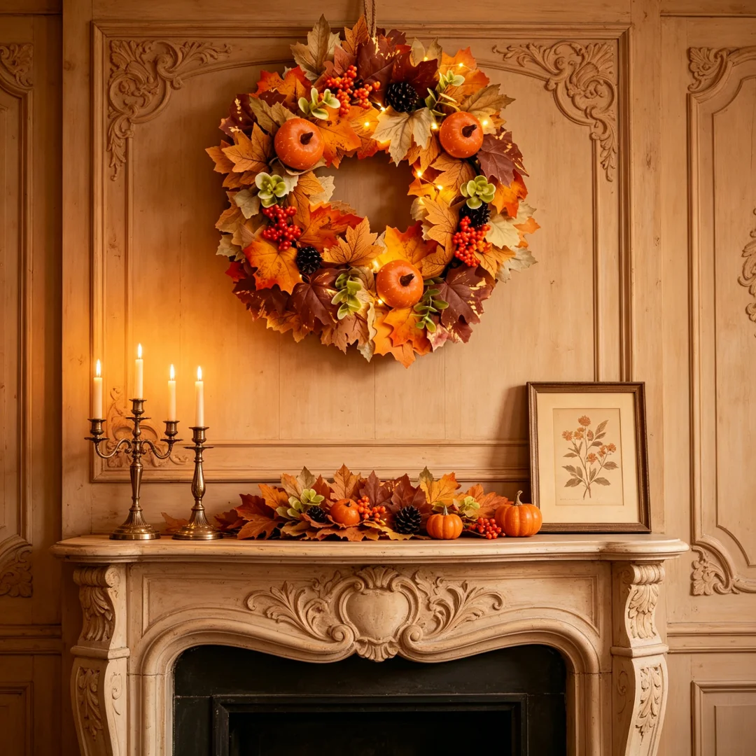 45CM Fall Pumpkin Wreath with Maple Leaves Berries Autumn Front Door Decor Thanksgiving Halloween Christmas Home Outdoor Wreath 6