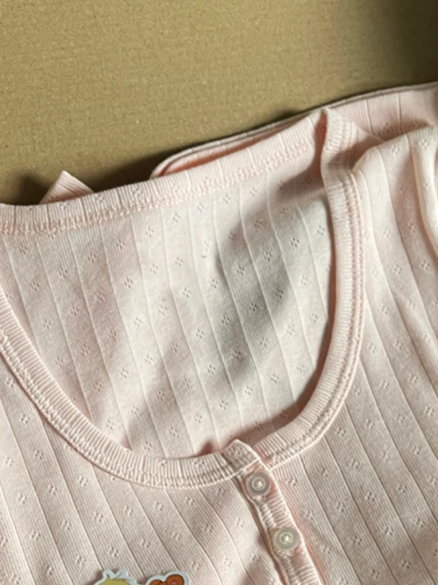 Hollow Out Pink Long Sleeve T-Shirt Summer Round Neck Buttons Cotton Slim Sexy Top for Woman Vintage Sweet Cute y2k Tops Chic 5