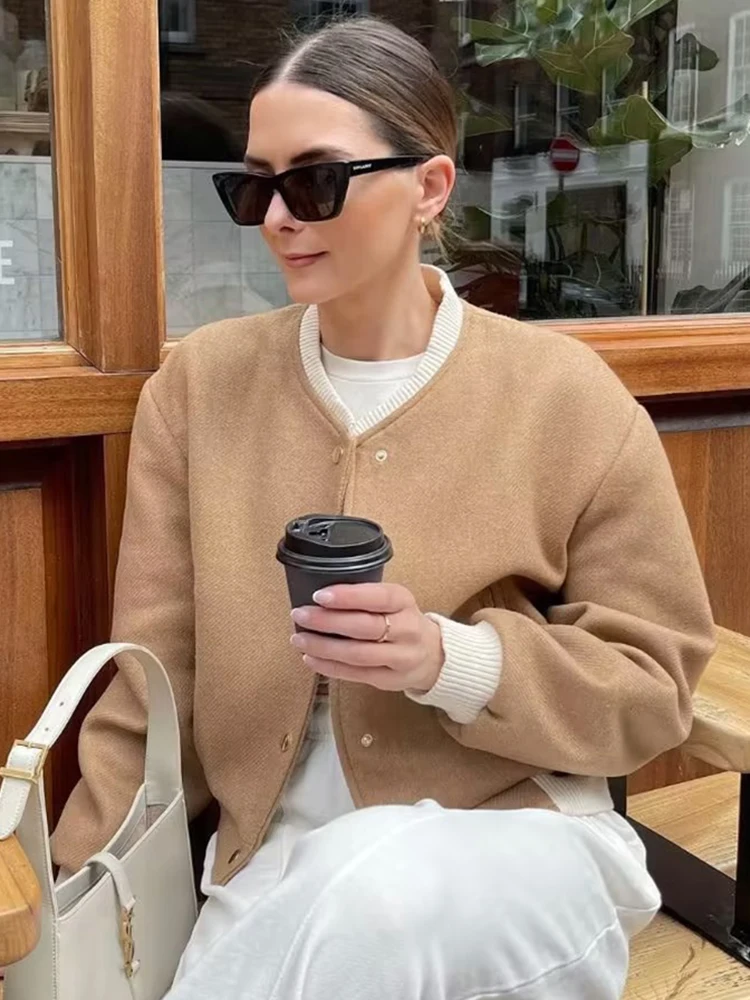 

Jyate Spring Autumn Motorcycle Pilot Jacket For Women Streetwear Double Pocket Round Neck Standing Collar Slim Vintage Coat