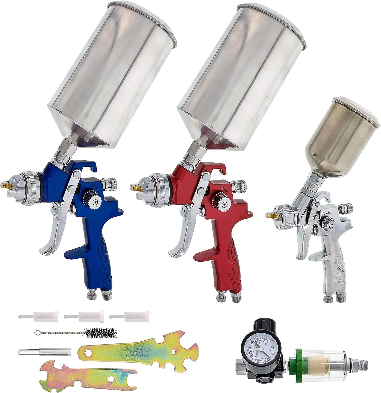 

Brand HVLP Spray Gun Set - 3 Sprayguns with Cups, Air Regulator & Maintenance Kit for All Auto Paint, Primer, Topcoat &