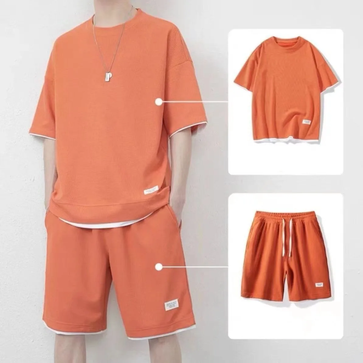Summer Fashion Casual New Ice Silk Shorts Set Men Panelled Round Neck Short Sleeved T-shirt Elastic Waist Drawstring Pocket Set