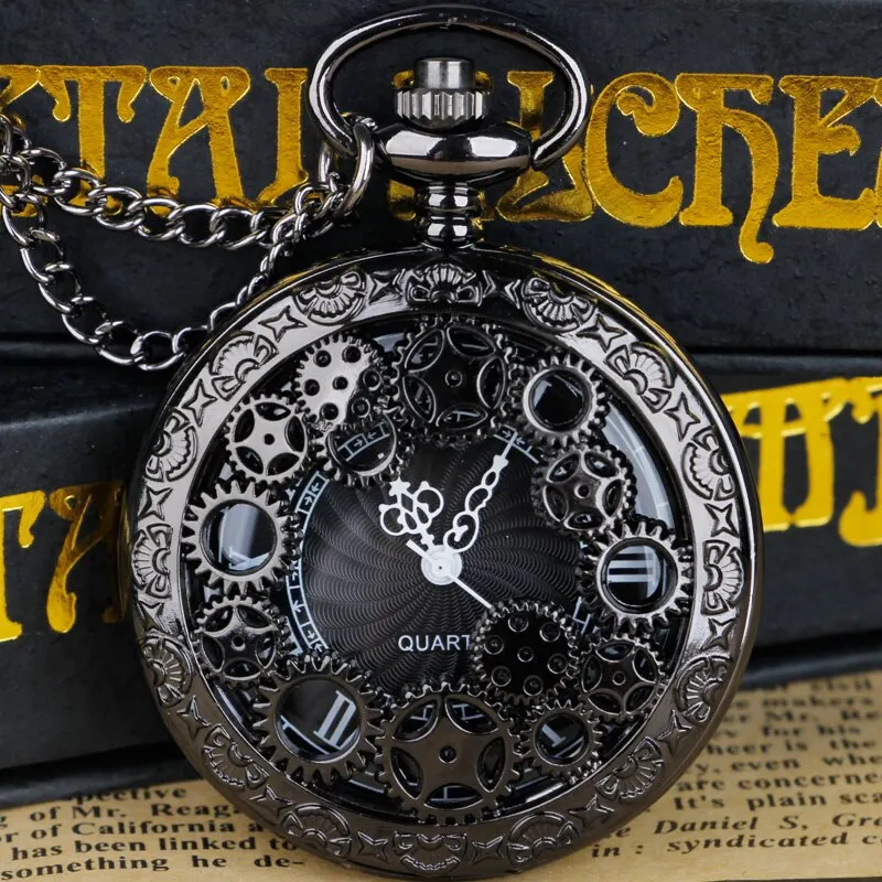 Steampunk Copper Vintage Hollow Gear Hollow Quartz Pocket Watch Necklace Pendant Clock Chain Men Women with Chain Gifts