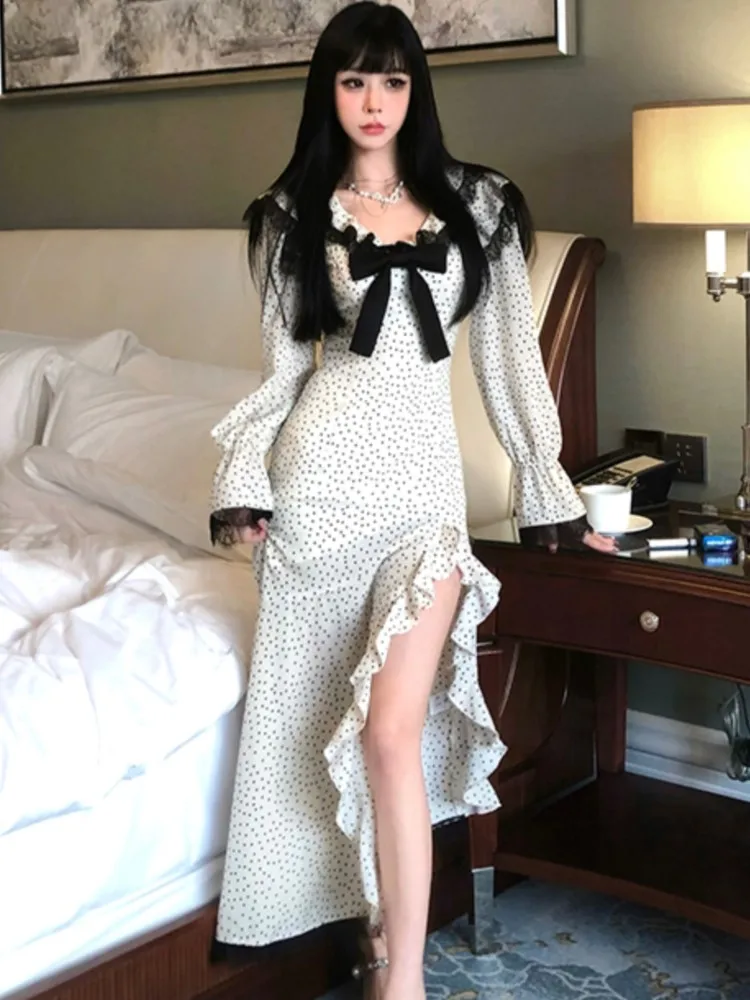 

Elegant Midi Dress Women V-Neck Slim Split Patchwork Bow Mermaid Dresses Sexy Evening Party Fashion Clothes Spring Summer New
