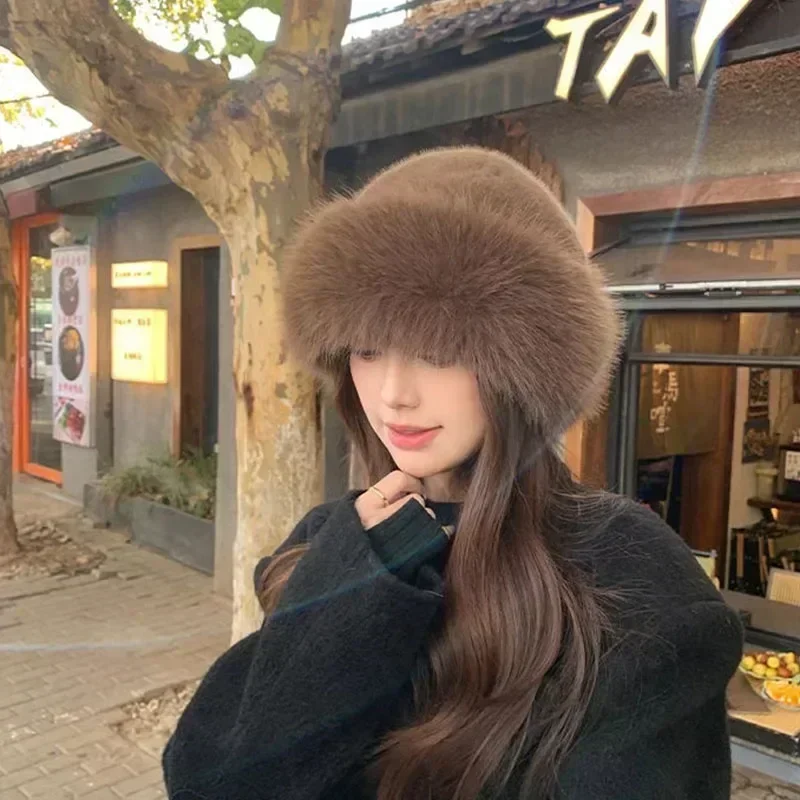 Fur Hat Winter Hat Women Fashion Fur Cap Fur Hat Winter Plush Ear Protection Brimless Plush Fluffy Headwear Skiing Riding