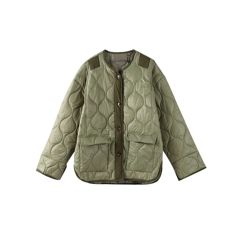 Description Picture 5 of itemSolid Quilted Jackets Women 2025 Autumn Fashion O-neck Single Breasted Pocket Coats Female Long Sleeve Casual Lady Chic Outerwea