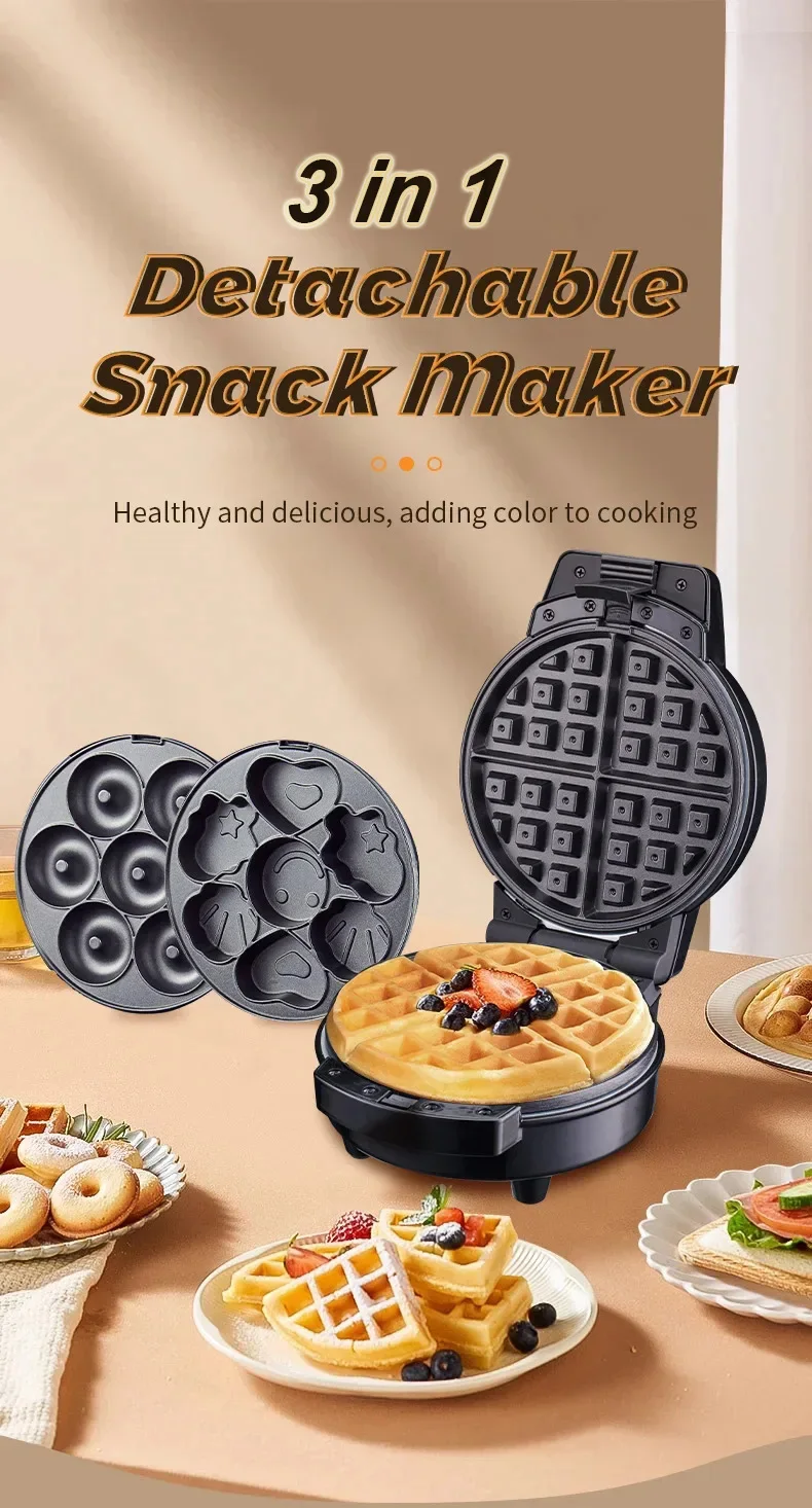 3in1 Exchangeable Waffle Sandwich Donut Maker Non-Stick Multi-Function Electric Breakfast Cake Baking Machine
