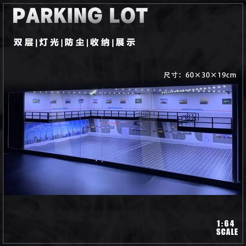 1/64 1/43 Maßstab Auto Garage Diorama Diecast Modell Vitrine Landschaft Spielzeugautos Simulation Display mit LED-Licht Parkplatzmodelle – Detail 7