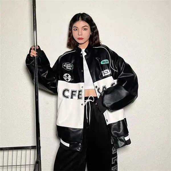 Autunno Inverno Street Baseball Racing Jacket Capispalla Casual Vintage Allentato In Pelle Pu Biker Race Car Giacca In Pelle Per Le Donne