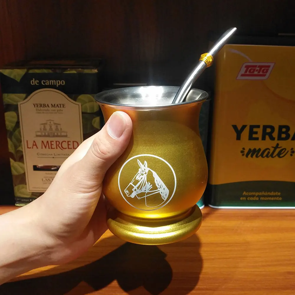 1 Set/Lot Gaucho Yerba Mate Gourds Cup Stainless 6 OZ Double Wall Heat Insulation With Removable Filter Straw & Cleaning Brush