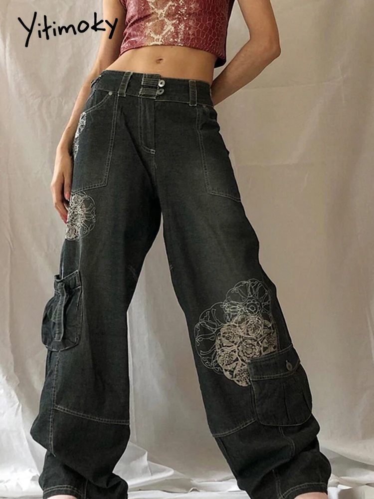 Yitimuceng Retro Graphic Print Y2K Baggy Jeans Woman Grunge Fairycore High Waist Cargo Denim