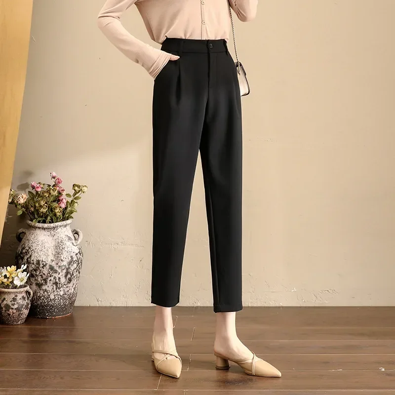 Fashion High Waist Suit Pants for Women Spring Autumn Casual OL Straight Smoke Pipe Pants Simple Pocket Solid Female Harem Pant