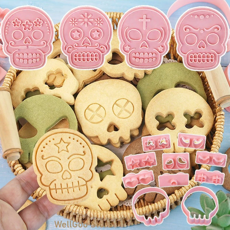 10Pcs/Set Halloween Skull Cookie Molds Fondant Dessert Biscuit Embossing Stamp Cutting Mold Party Baking Cake Decoration Tools