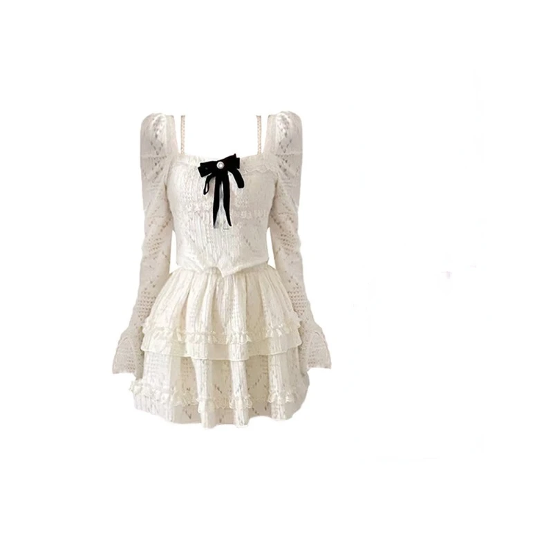 

Kpop Square Collar Chic Fashion Bow Patchwork Sexy Women T-shirts +Sweet Slim All Match Cake Skirts New 2 Set Ropa Mujer