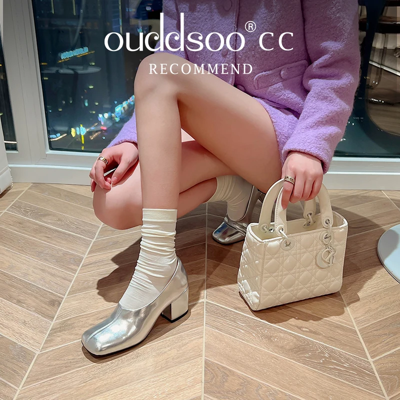 

Ods Spring Summer Women Pumps Top Quality Genuine Leather Thick Heels Mature Concise Office Ladies Party Shoes Silver Gold404142