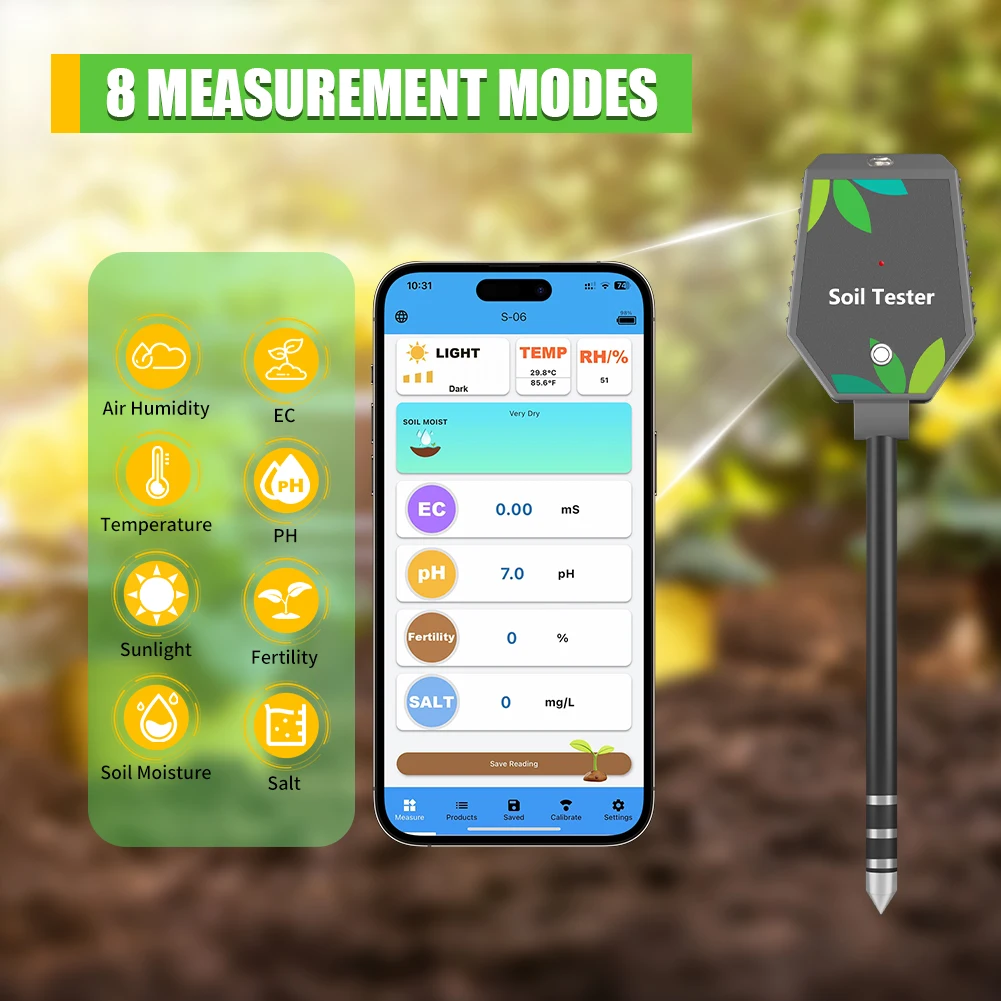 Yieryi 8-in-1 Smart Soil Tester pH/Salt/EC/Fertility/Temp Bluetooth APP Data Logger Soil Moisture PH Meter for Garden Planting
