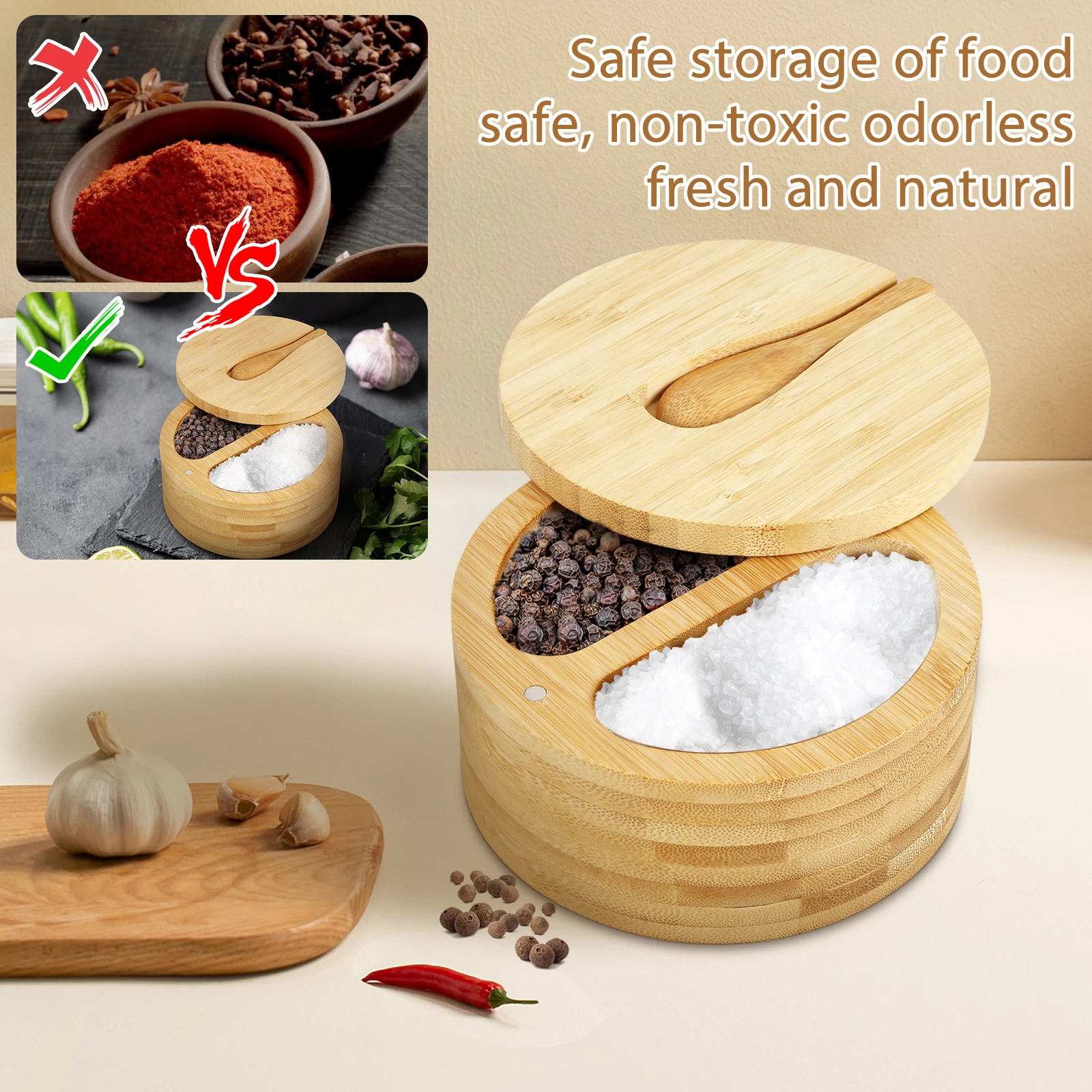Scatola Porta Spezie In Bambù Con Coperchio Magnetico E Cucchiaio - Barattolo Per Condimenti A 2 Scomparti, Per Sale, Pepe, Zucchero, Erbe Aromatiche, Diametro 12 Cm, Ecologico
