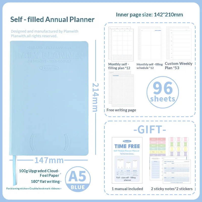Planwith Undated Daily Planner - Premium A5 Notebook with 12 Monthly Plans, 53 Weekly Pages, Stickers, and Manual Organizer Journal