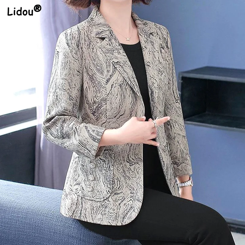 Graphic Casual Printing Temperament Oversized Blazers Straight Pockets Button Women's Clothing Loose Autumn Winter Dignified