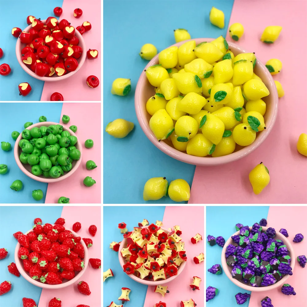 Resin Crafts Accessories 10Pcs Miniature 3D Fruits Resin Cabochon Kawaii Simulation Apple Strawberry Lemon DIY Scrapbooking Jewelry Charms