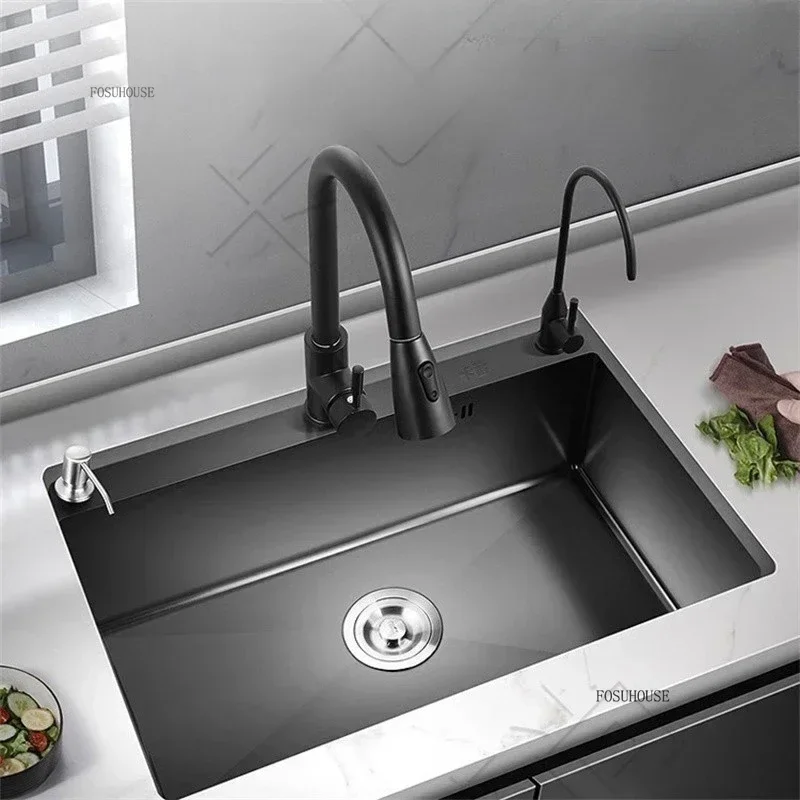 Thickened 304 Stainless Steel Sink Large Capacity Kitchen Sink Single Bowl Black Nano Washbasin Home Countertop Dishwashing