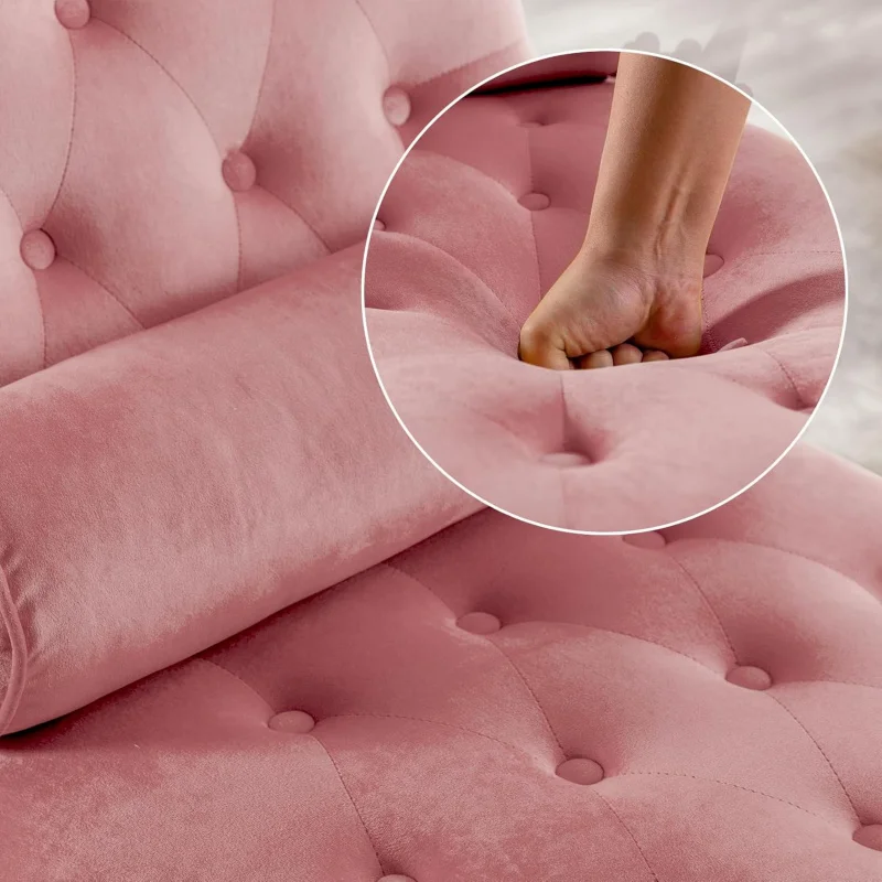 Velvet Button-Tufted Chaise Lounge Chair Leisure Sofa Couch w/Bolster Pillow, Nailhead Trim and Turned Legs for Indoor Living Ro - Image 5