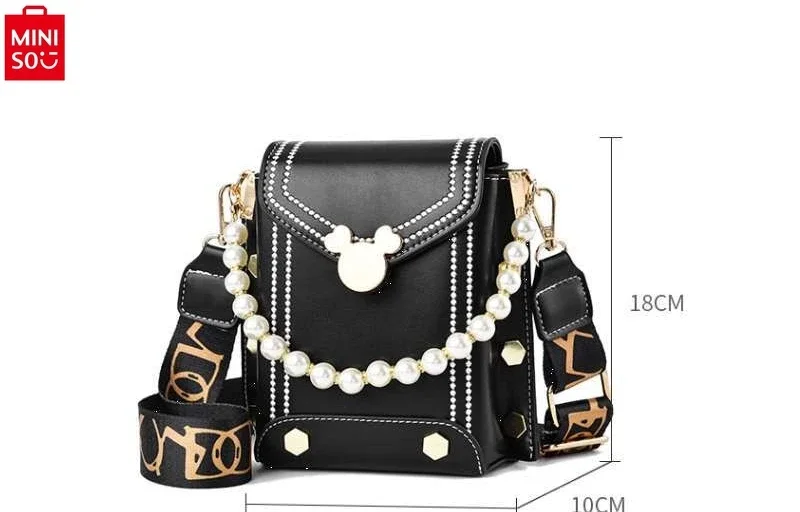 MINISO Disney Mickey Sweet Lock Buckle Fashion Pearl Pendant Phone Bag Women's Multi functional Storage Small Square Bag