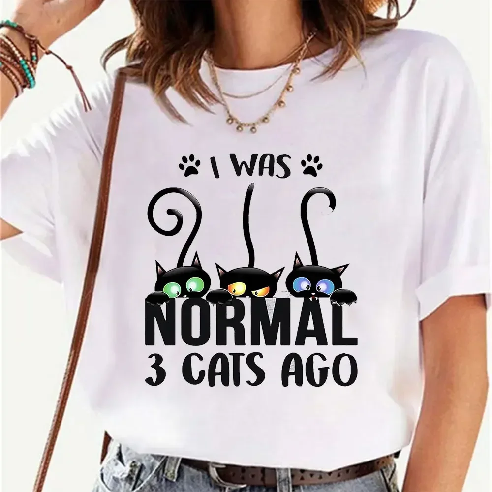 

New Lovely Women T-shirts Harajuku Funny Tshirt Female Short Sleeve O-neck Top Tees I Was Normal 3 Cats Ago Print Cartoon Shirts