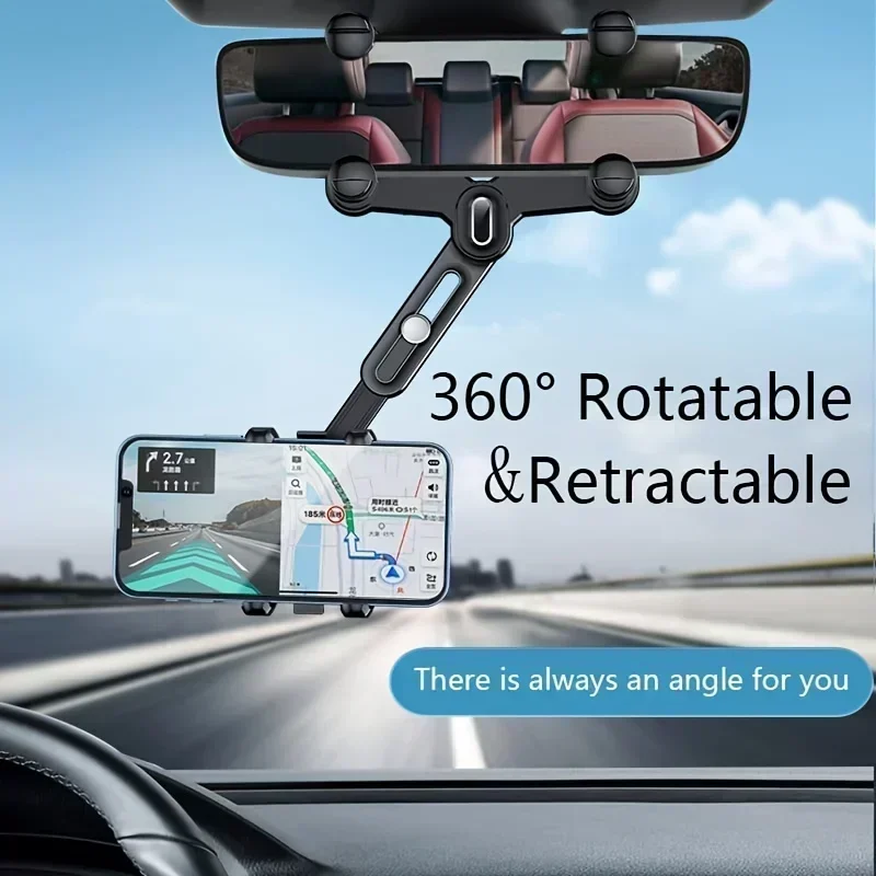 Large Rearview Mirror Phone Holder for Car 360°Rotatable and Retractable, for All Phones and All Car Rearview Mirror with Button