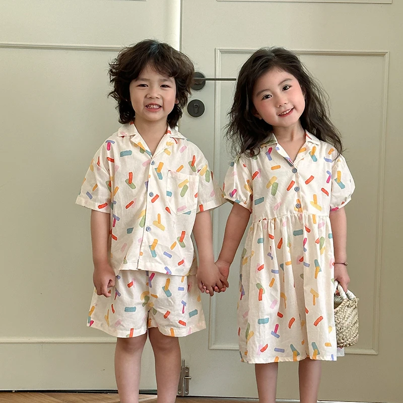 2026 Brother Sister's Clothing Outfit for 1-10Y Boys' Lapel Shirt Shorts 2pcs Girls Colorful Print Shirt Dress Siblings Suit