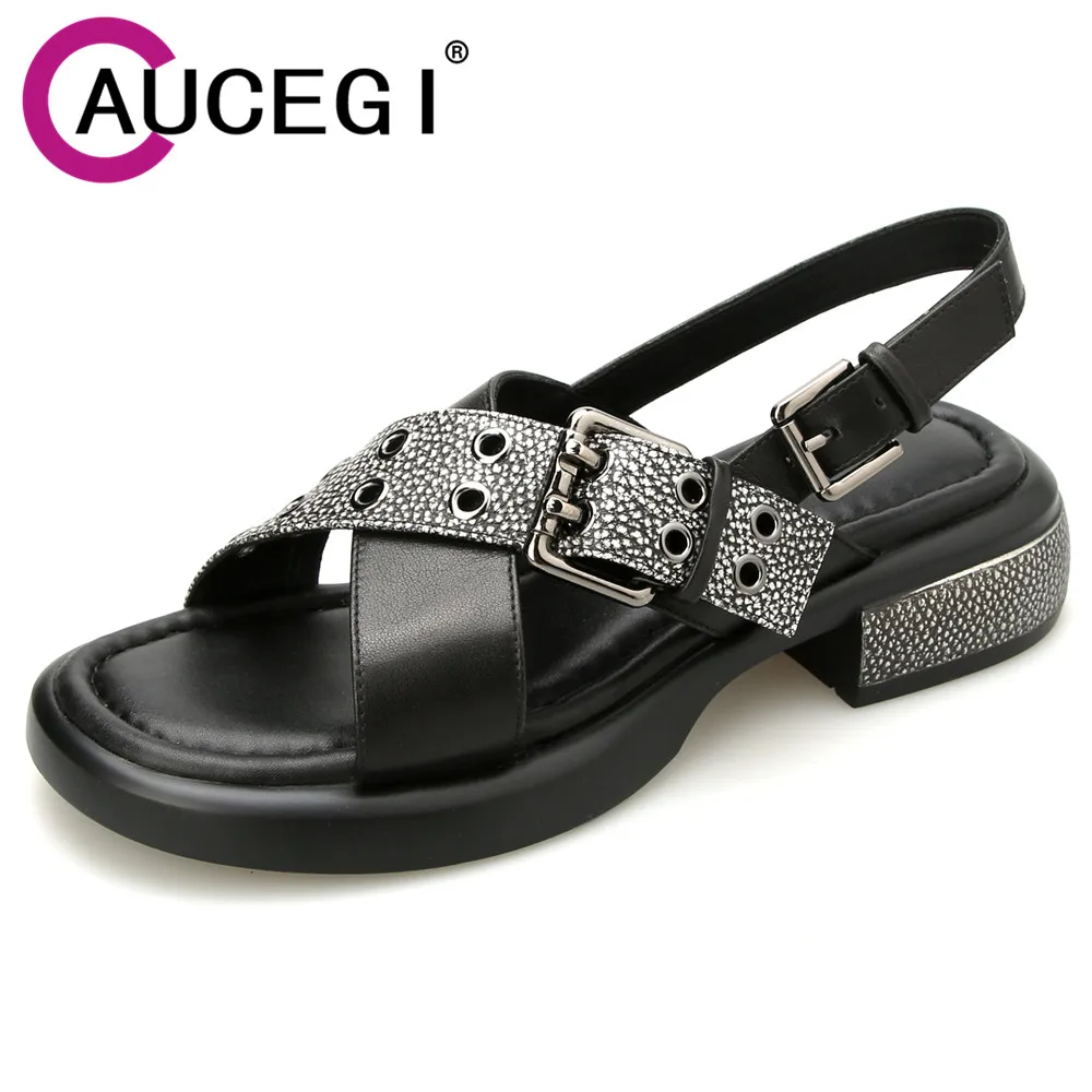 

Aucegi Fashion Mixed Color Women Thick Heels Round Peep Toe Breathable Sandals Hot Sale Party Buckle Strap Sexy Mature Footwear