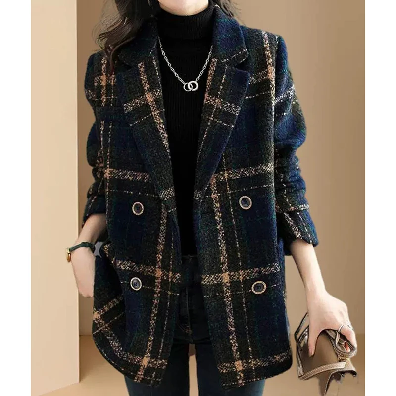 

Women Mid Length Casual Plaid Woolen Jacket Female Spring Autumn Retro British Style Wool Blend Lattice Overcoat Jacket Wild Top