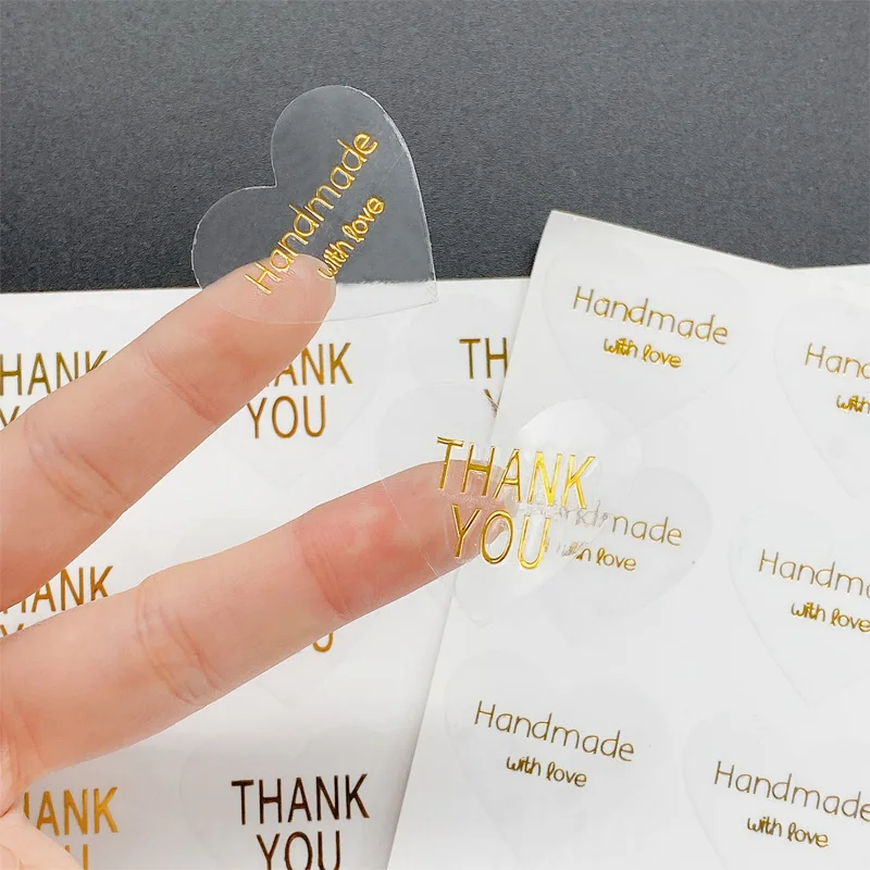 Self Adhesive Stickers Adhesive Stickers Packaging Stickers Thank You Stickers 100pcs Transparent hot stamp thank you Handmade with love seal sticker Self-Adhesive stickers DIY Gifts Baking Package Label
