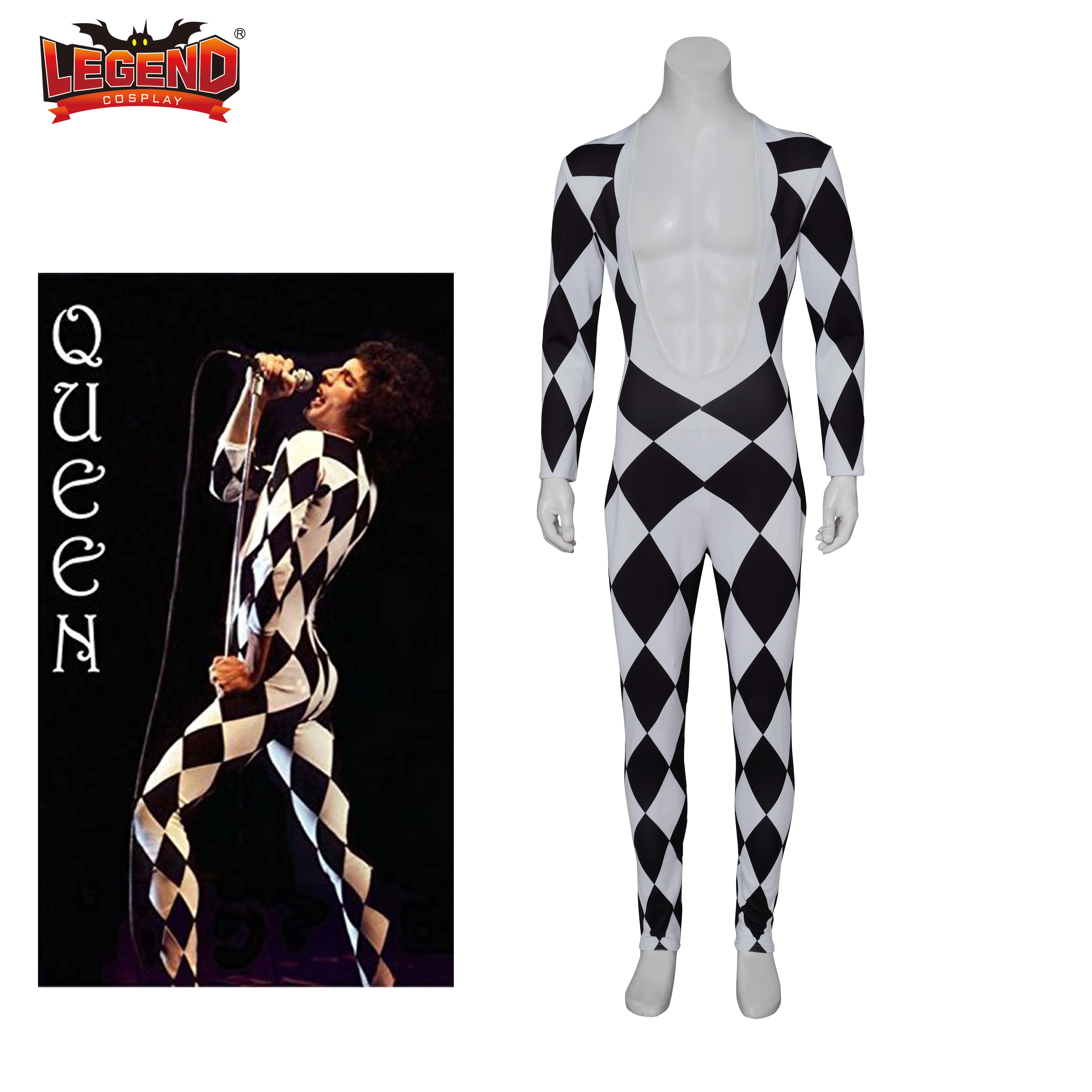 

Queen Lead Vocalist Freddie Mercury Cosplay Costume Men's Black and White Grid Jumpsuit Performance Bodysuit Halloween Carnival