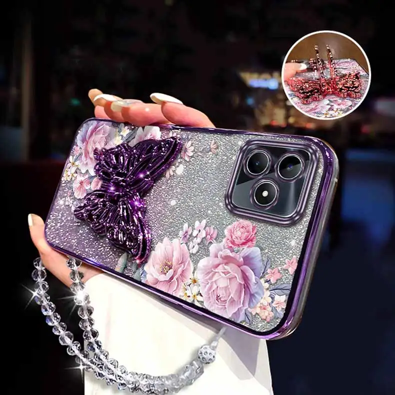 Elegant Pink Peonies Plating Bracelet Holder Phone Case Cover